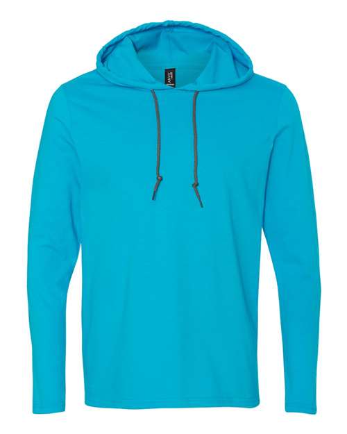 Unisex Softstyle® Lightweight Hooded Long Sleeve T-Shirt — Caribbean Blue/ Dark Grey