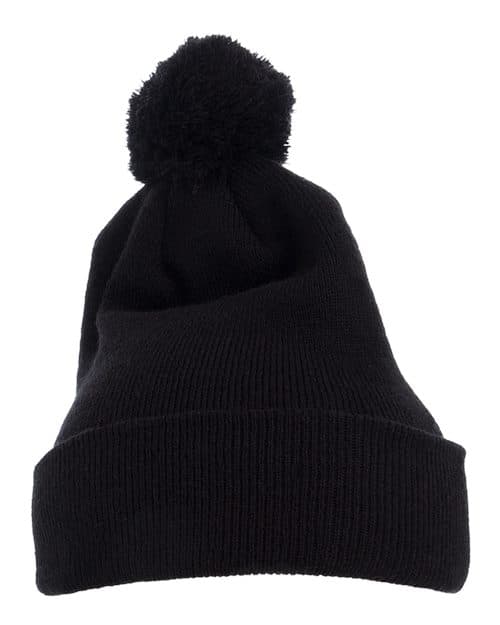 Pom-Pom Cuffed Knit Beanie — Black
