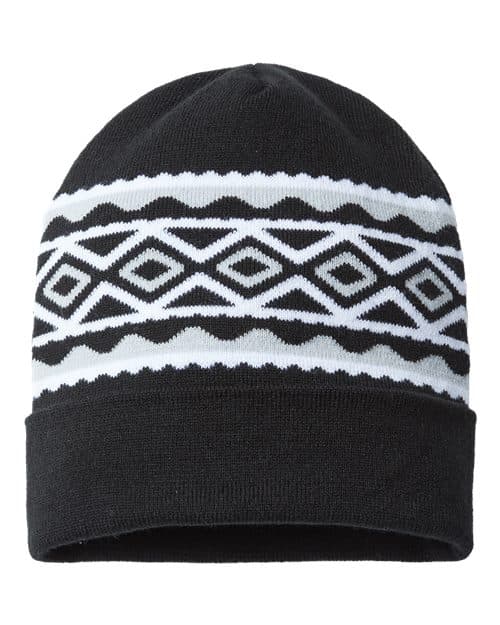 USA- Made Diamond Cuffed Beanie — Black/ Silver