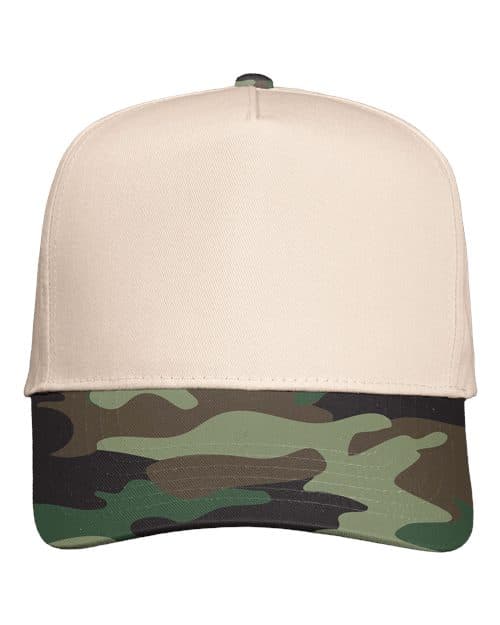 Five-Panel Twill Cap — Natural/ Camo Green