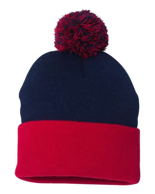 12" Pom-Pom Cuffed Beanie — Navy/ Red