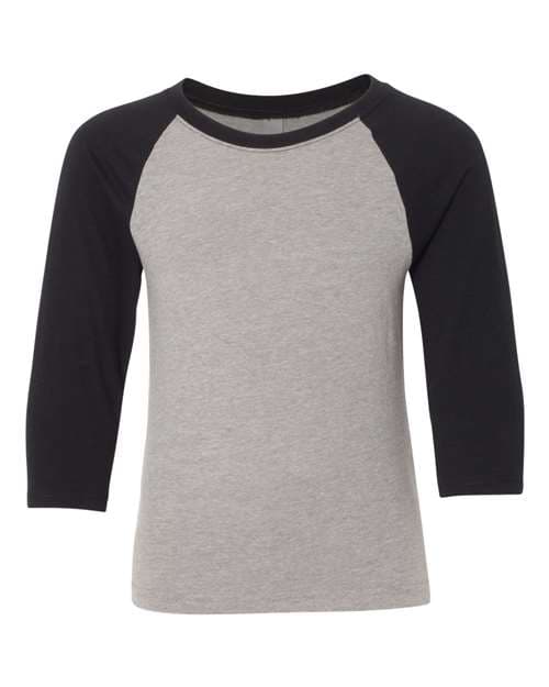 Youth CVC Three-Quarter Sleeve Raglan T-Shirt — Black Sleeves/ Dark Heather Grey Body