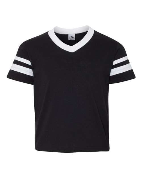 Youth V-Neck Jersey with Striped Sleeves — Black/ White