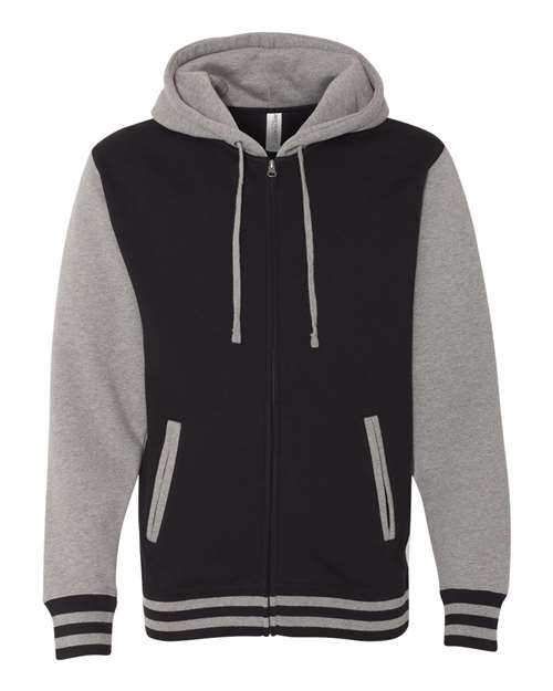 Unisex Heavyweight Varsity Full-Zip Hooded Sweatshirt — Black/ Gunmetal Heather