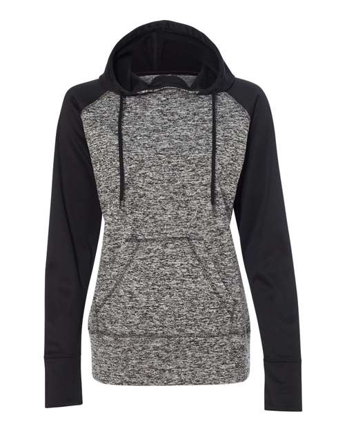Women’s Colorblocked Cosmic Fleece Hooded Sweatshirt — Charcoal Fleck/ Black