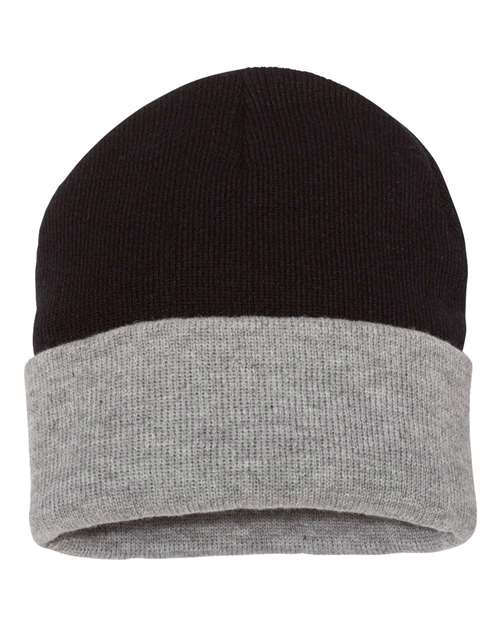12" Color Blocked Cuffed Beanie — Black/ Heather