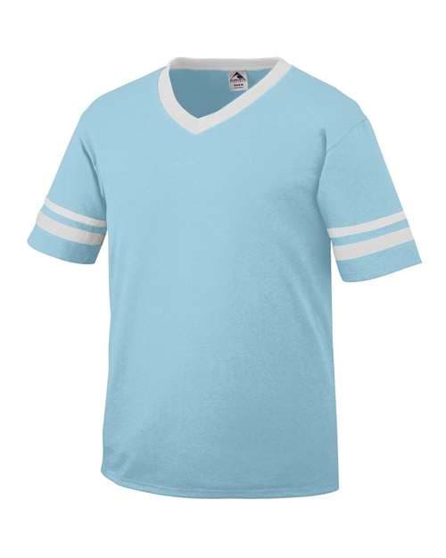 V-Neck Jersey with Striped Sleeves — Aqua/ White