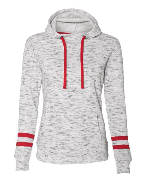 Women’s Mélange Fleece Striped-Sleeve Hooded Sweatshirt — White/ Red