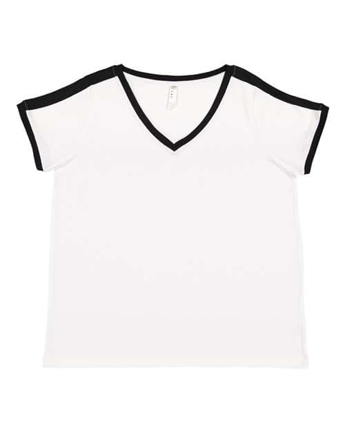 Women's Curvy Retro Ringer Premium Jersey V-Neck Tee — White/ Black