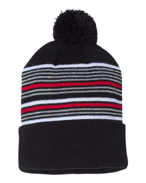 12" Striped Pom-Pom Cuffed Beanie — Black/ White/ Grey/ Red