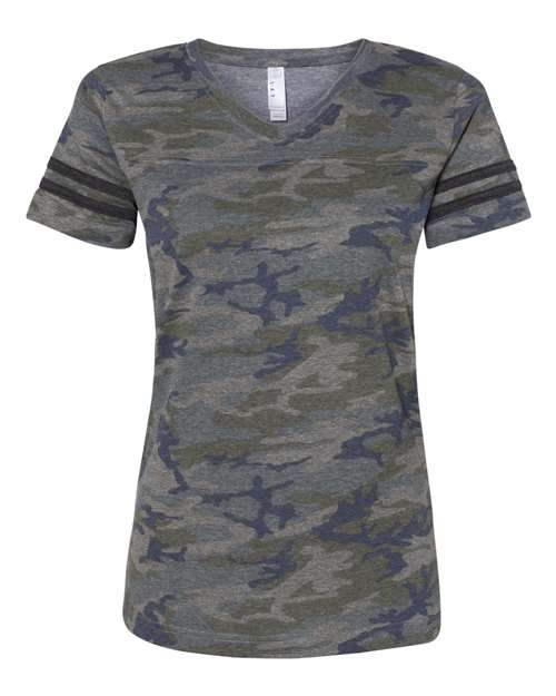Women's Football V-Neck Fine Jersey Tee — Vintage Camo/ Vintage Smoke