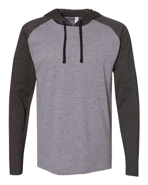 Unisex Fine Jersey Hooded Long Sleeve Raglan T-Shirt — Granite Heather/ Vintage Smoke/ Black