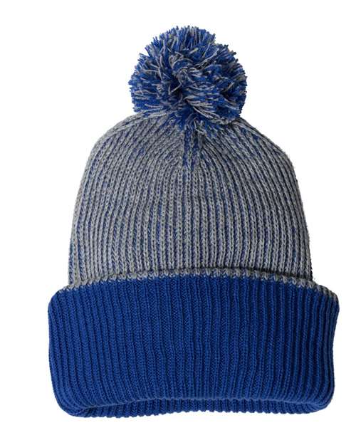 12" Speckled Pom-Pom Cuffed Beanie — Heather Grey/ Royal