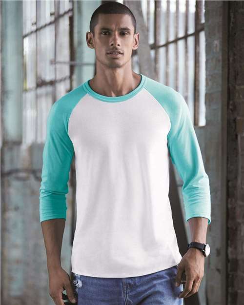 Premium Blend Ringspun Three-Quarter Sleeve Raglan Baseball T-Shirt — White/ Scuba Blue