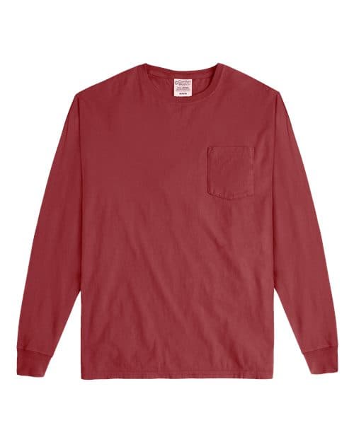 Unisex Garment-Dyed Long Sleeve T-Shirt With a Pocket — Cayenne