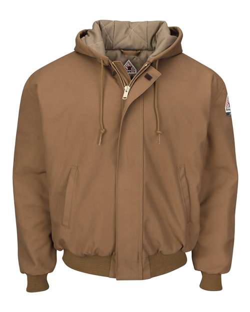 Men's Insulated Brown Duck Hooded Jacket with Knit Trim — Brown Duck