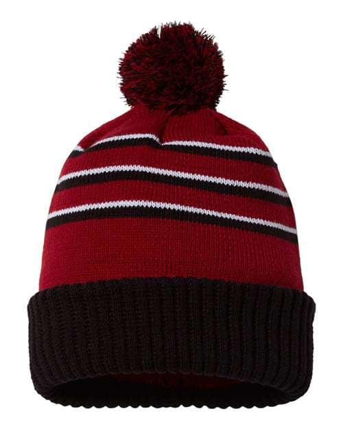 Pom Cuffed Beanie — Cardinal/ Black/ White
