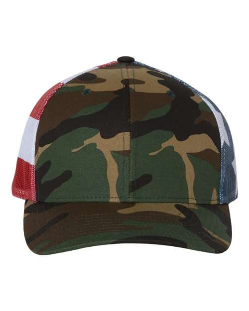 Printed Mesh Trucker Cap — Green Camo/ Stars & Stripes