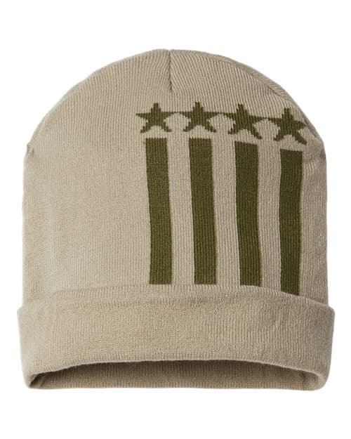 USA-Made Patriotic Cuffed Beanie — Khaki/ Olive Stars