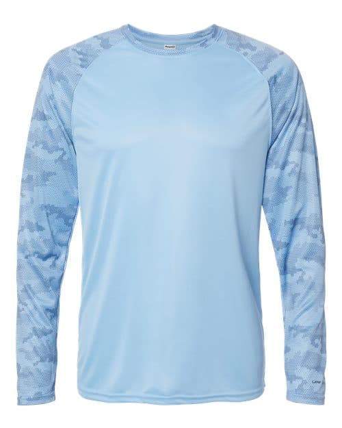 Unisex Cayman Performance Camo Colorblocked Long Sleeve T-Shirt — Blue Mist