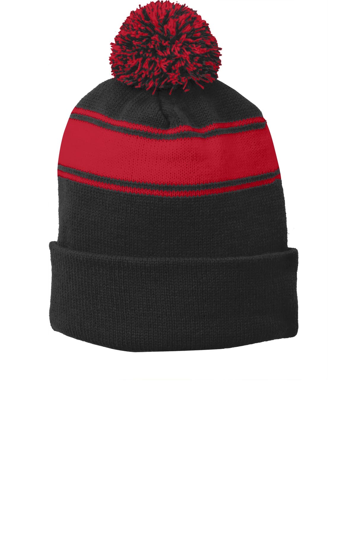 Sport-Tek ® Stripe Pom Pom Beanie — Black/ True Red