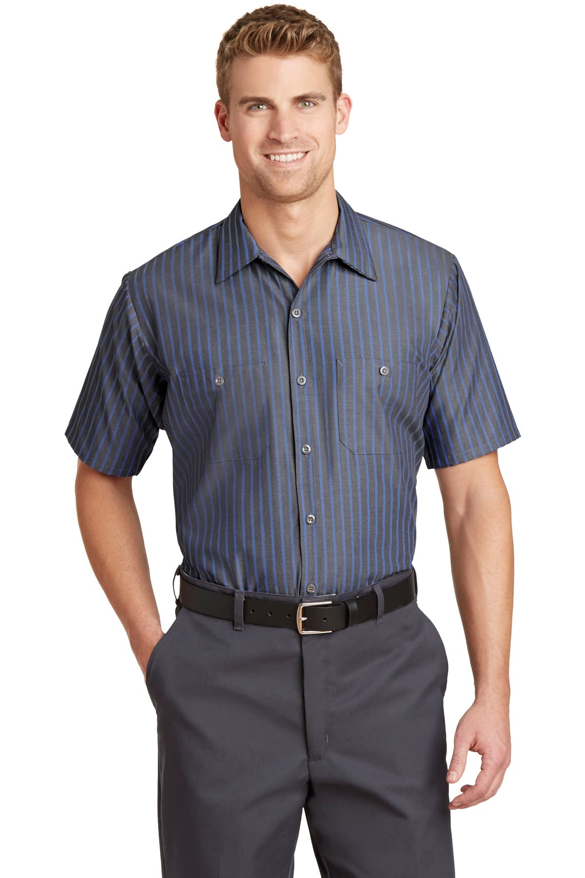 Red Kap ® Short Sleeve Striped Industrial Work Shirt — Grey/ Blue