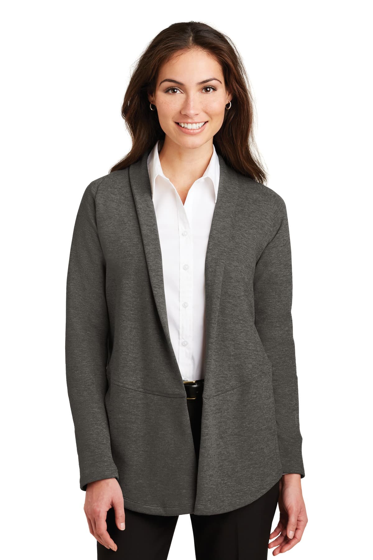 Port Authority ® Women's Interlock Cardigan — Charcoal Heather/ Medium Heather Grey