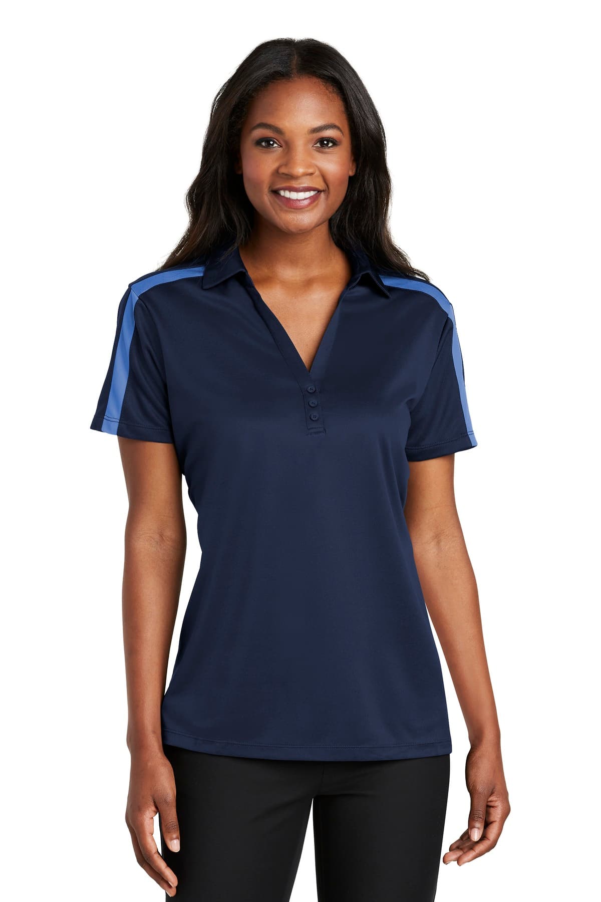 Port Authority ® Women's Silk Touch Performance Colorblock Stripe Polo — Navy/ Carolina Blue