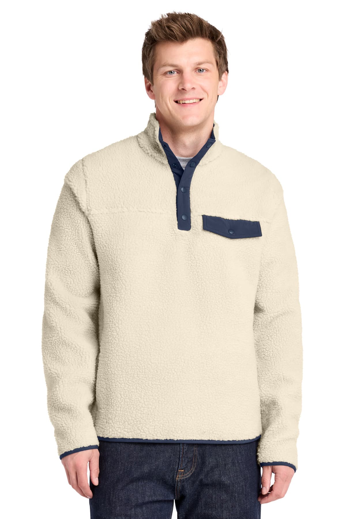 Port Authority ® Camp Fleece Snap Pullover — Oat/ Dress Blue Navy
