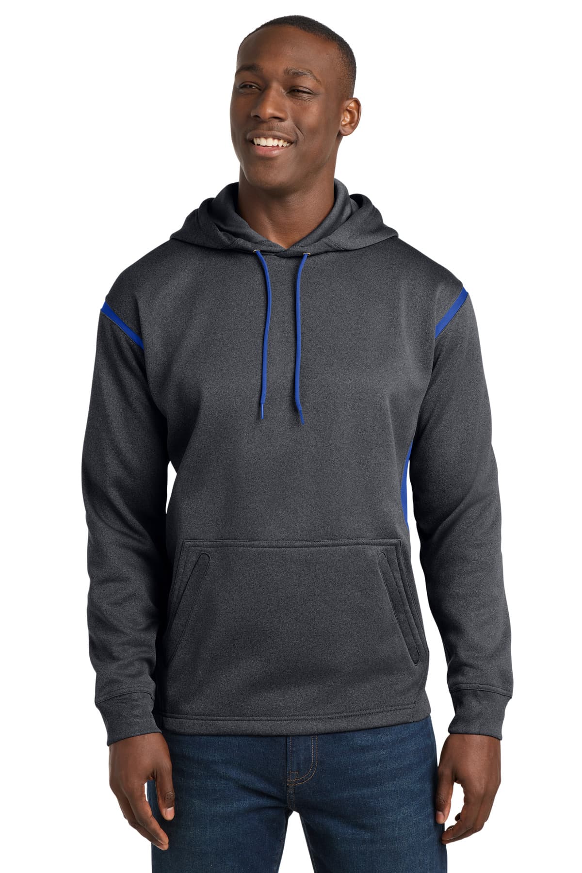 Sport-Tek ® Tech Fleece Colorblock Hooded Sweatshirt — Graphite Heather/ True Royal