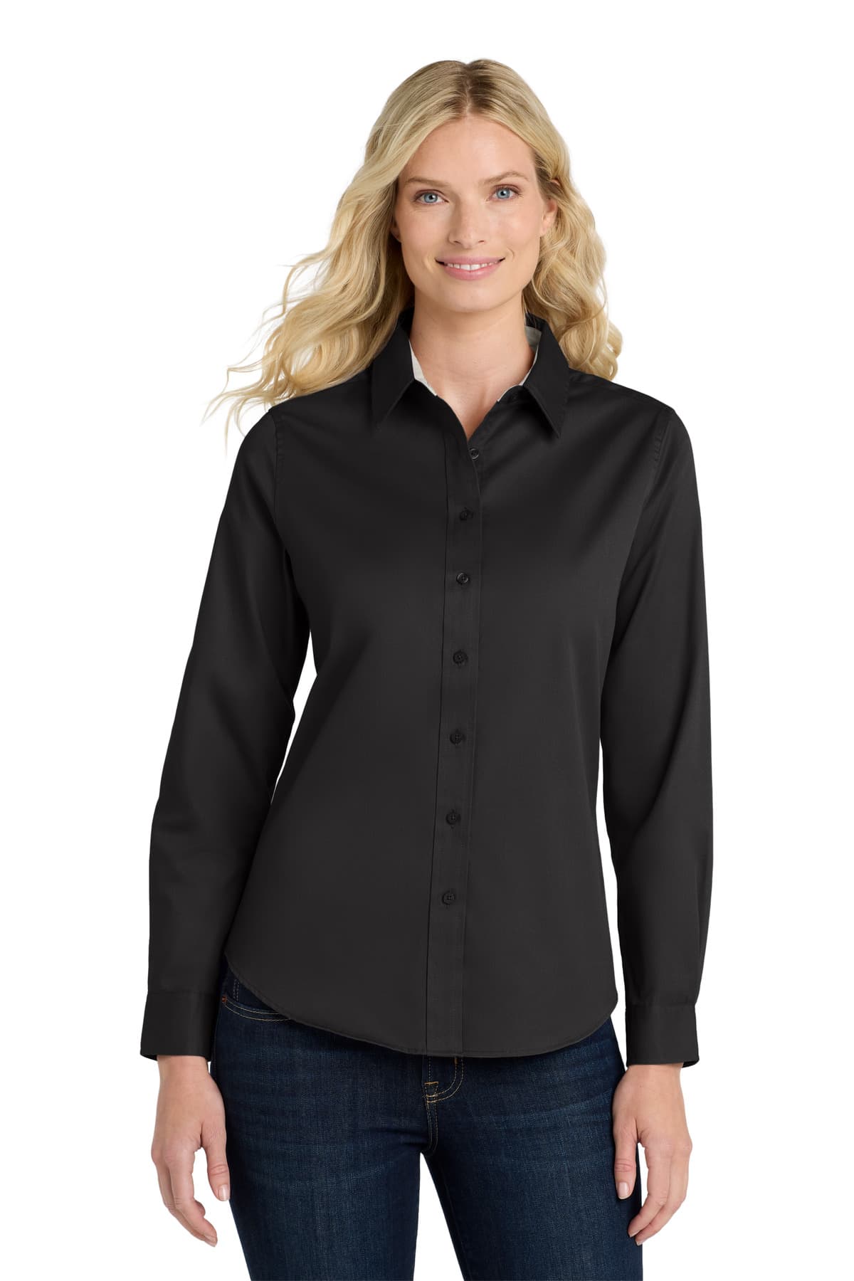 Port Authority ® Women's Long Sleeve Easy Care Shirt — Black/ Light Stone