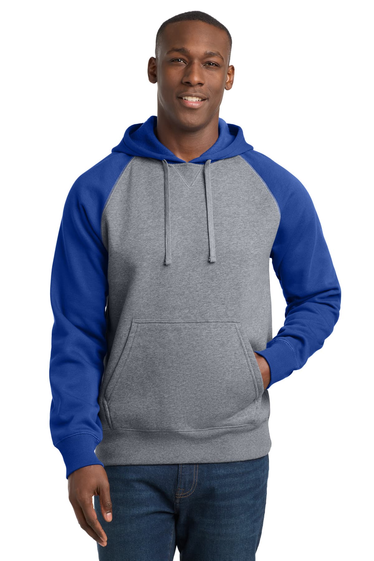 Sport-Tek ® Raglan Colorblock Pullover Hooded Sweatshirt — True Royal/ Vintage Heather