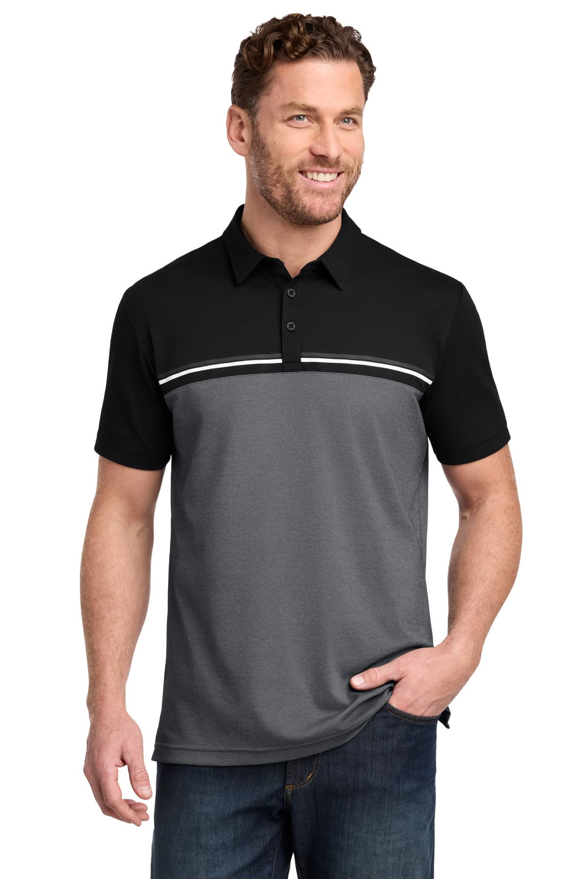 TravisMathew Sunset Blocked Polo — Black/ Dark Grey Heather