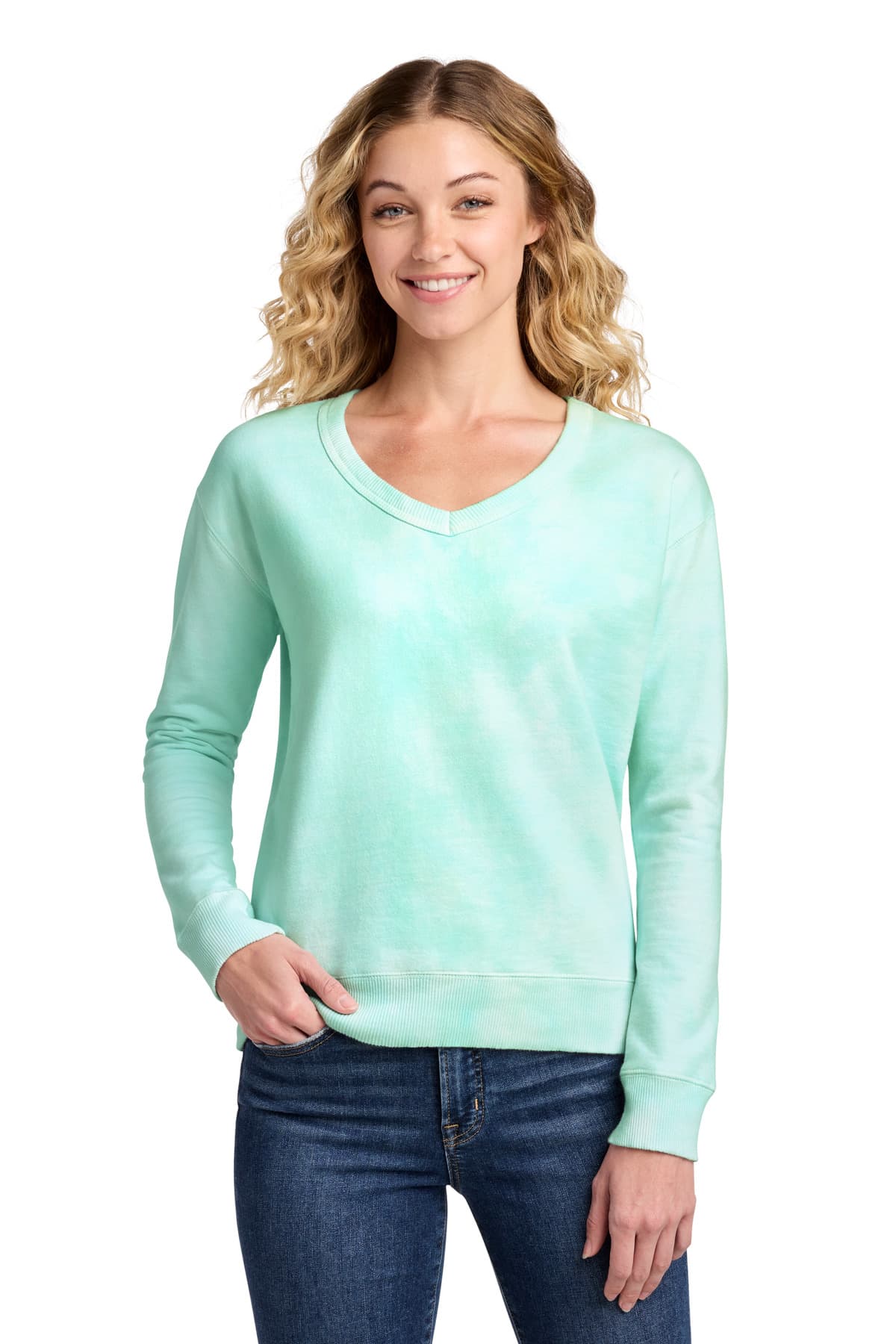 Port & Co  Women's Beach Wash ® Cloud Tie-Dye V-Neck Sweatshirt — Cool Mint