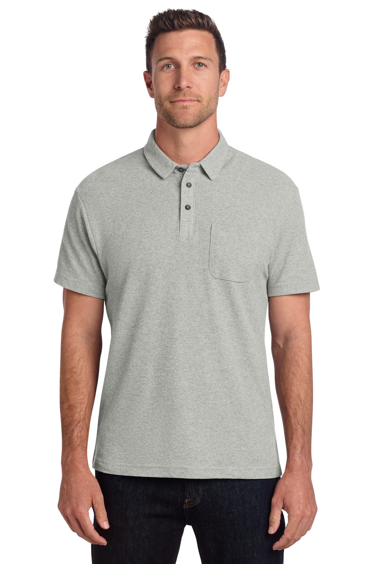 Port Authority ® C-FREE ® Cotton Blend Pique Pocket Polo — Deep Smoke Heather