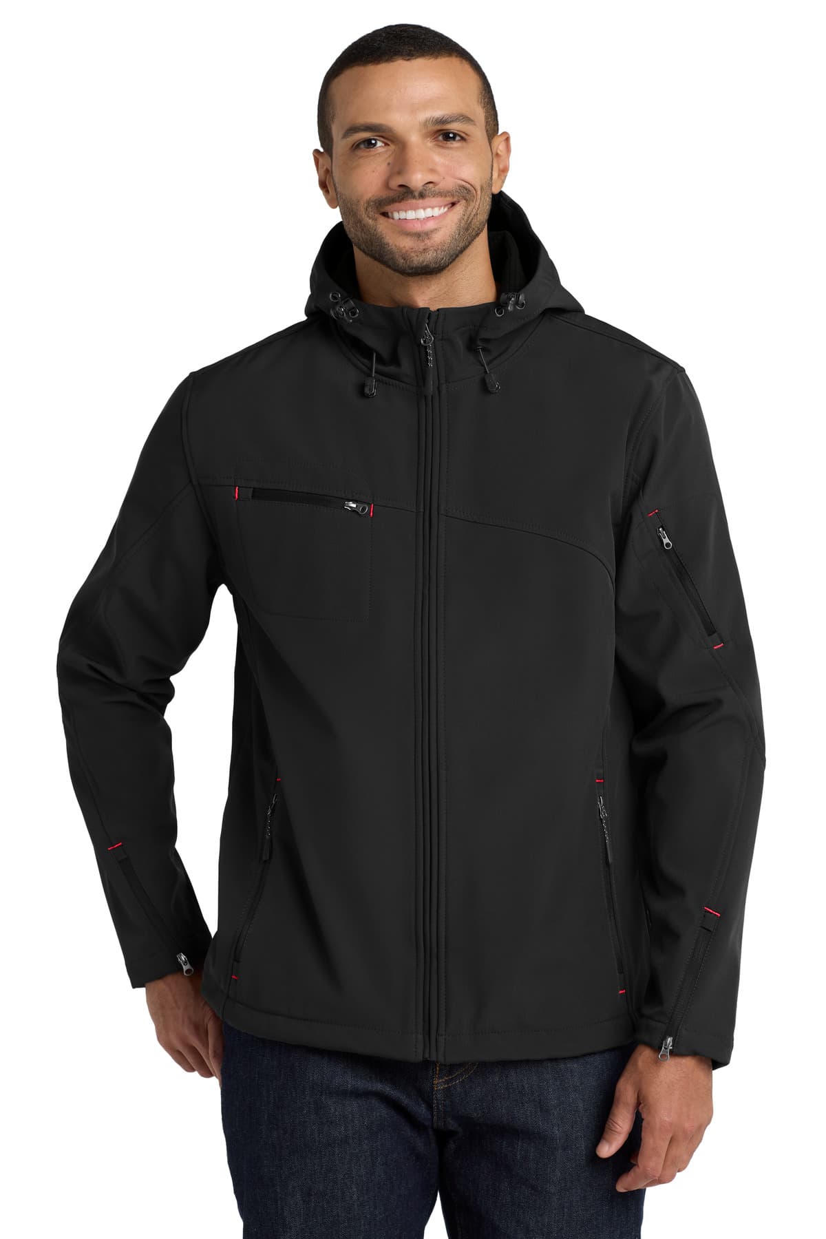Port Authority ® Textured Hooded Soft Shell Jacket — Black/ Engine Red