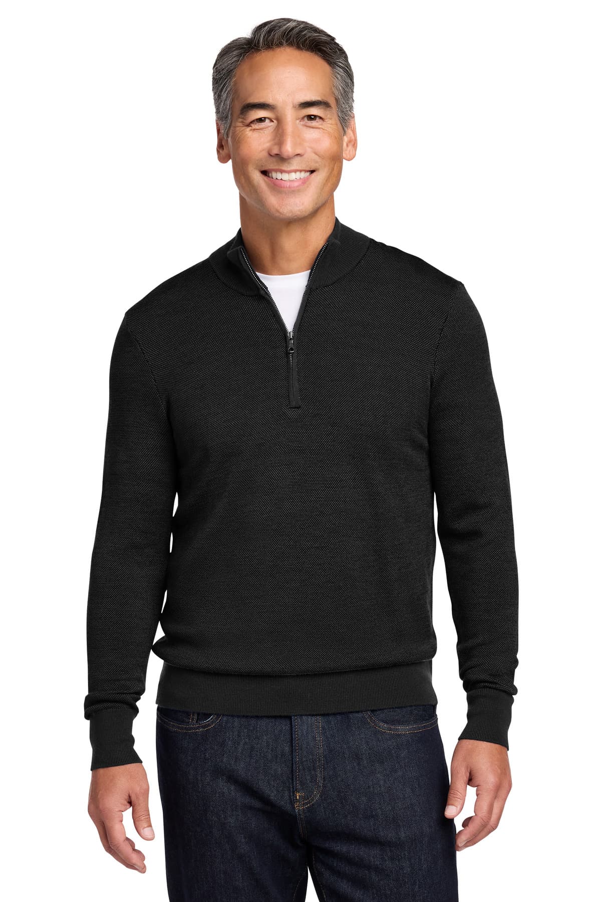 Brooks Brothers ® Washable Merino Birdseye 1/4-Zip Sweater — Deep Black