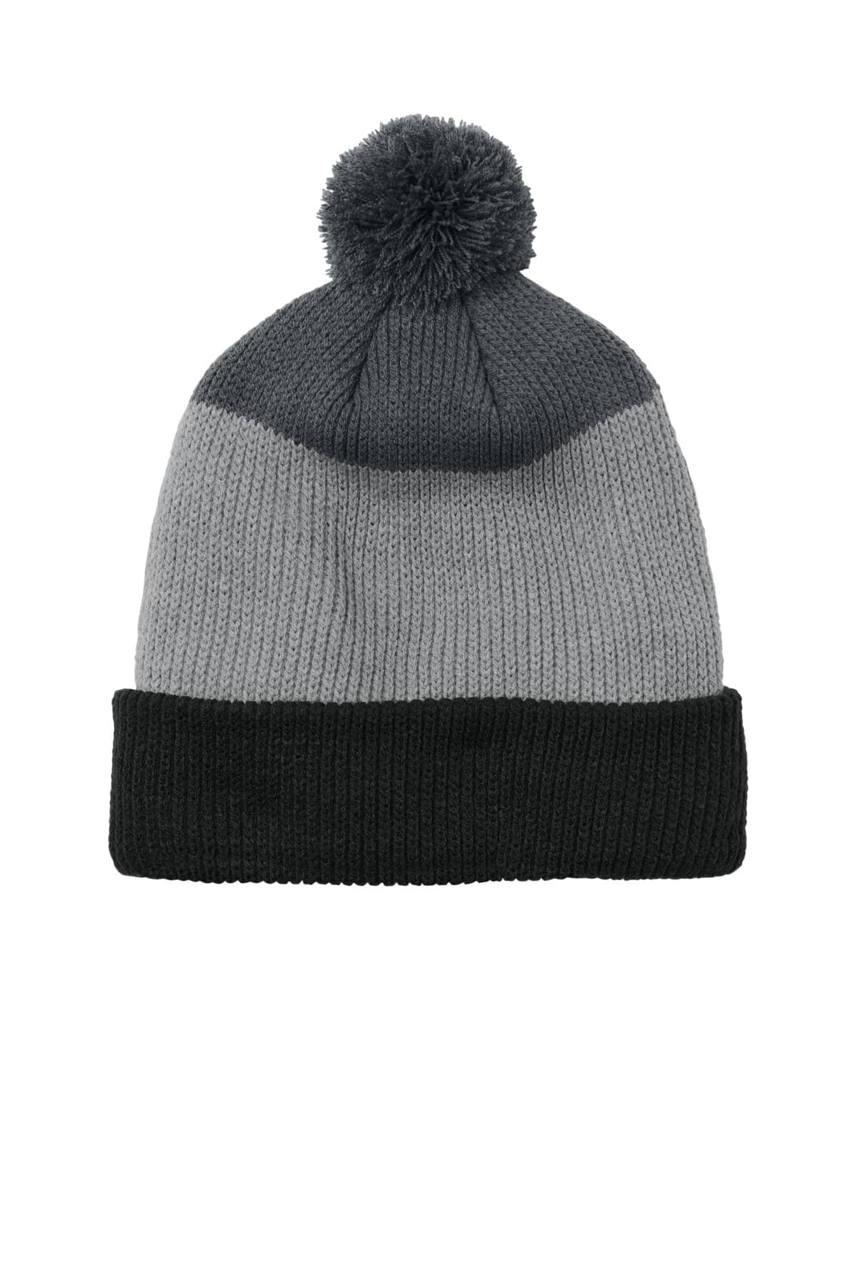 Port Authority ® Cozy Striped Pom Beanie — Deep Black/ Gusty Grey/ Storm Grey