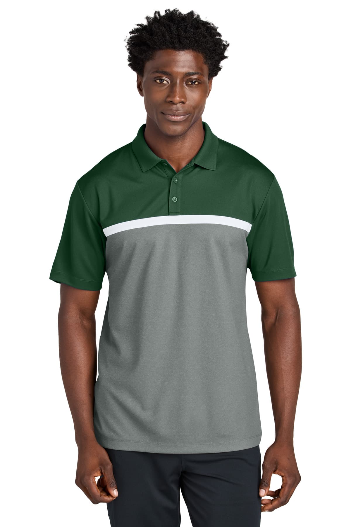Sport-Tek ® UV Micropique Colorblock Polo — Forest Green/ Grey Concrete Heather/ White
