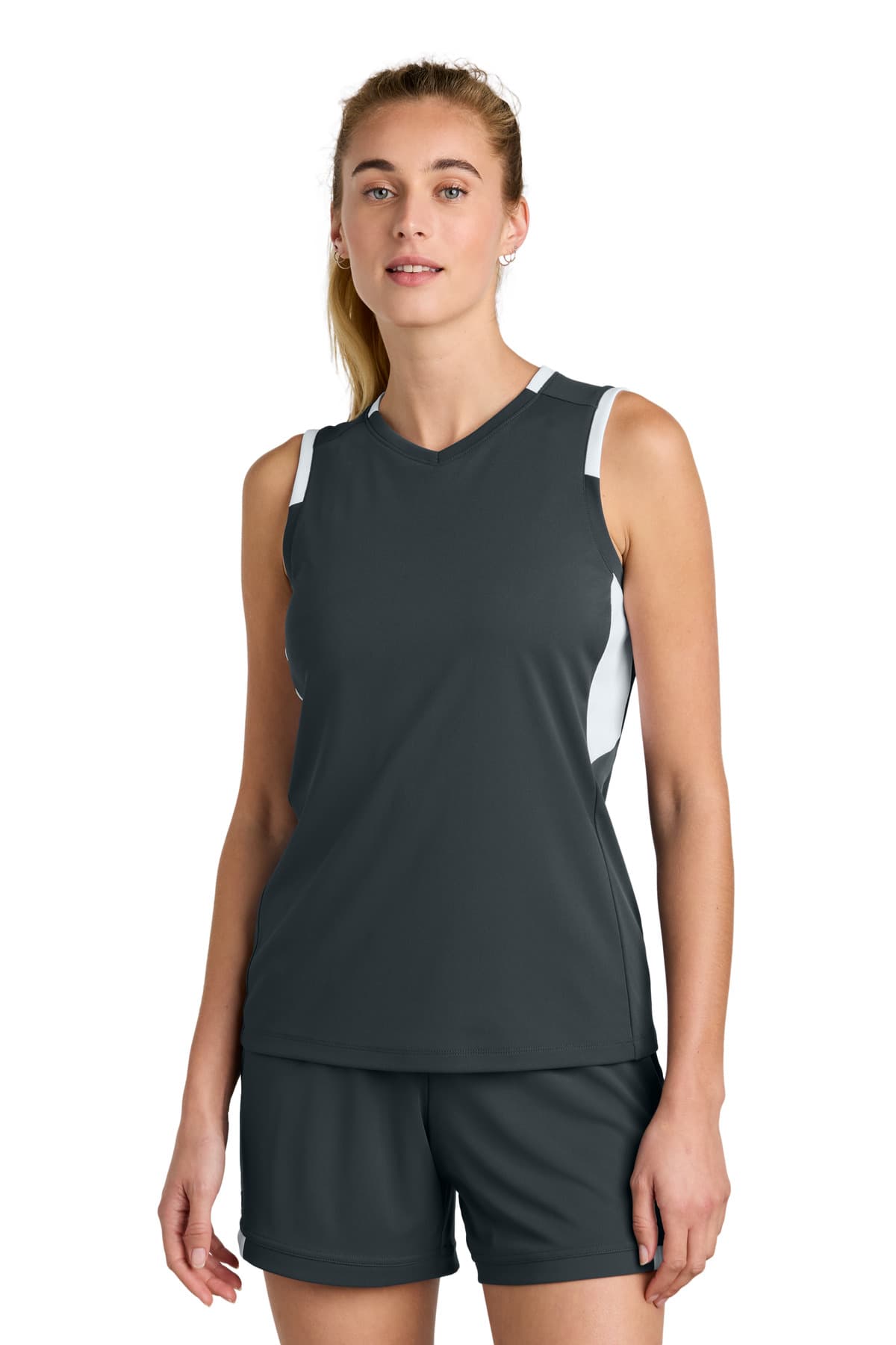 Sport-Tek ® Women's Club Sleeveless V-Neck — Iron Grey/ White