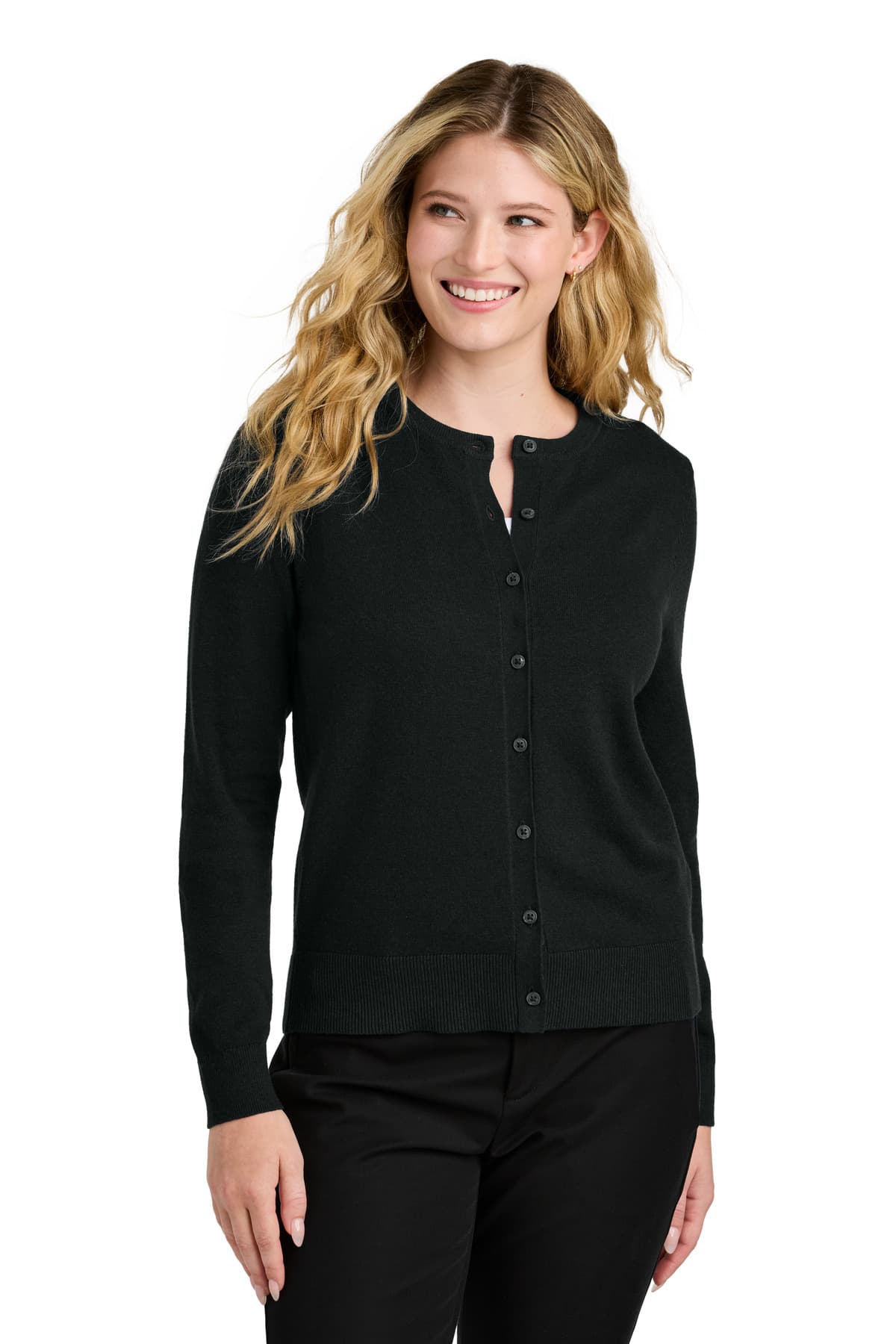 Port Authority ® Women's Easy Care Crewneck Cardigan Sweater — Deep Black