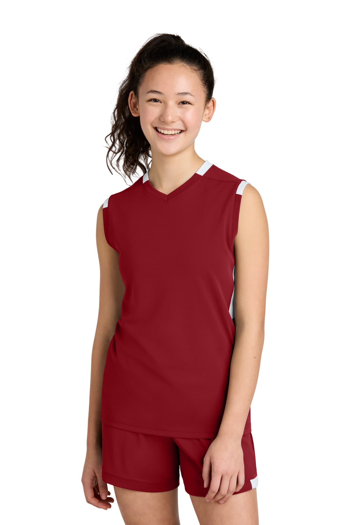 Sport-Tek ® Youth Club Sleeveless V-Neck — Deep Red/ White