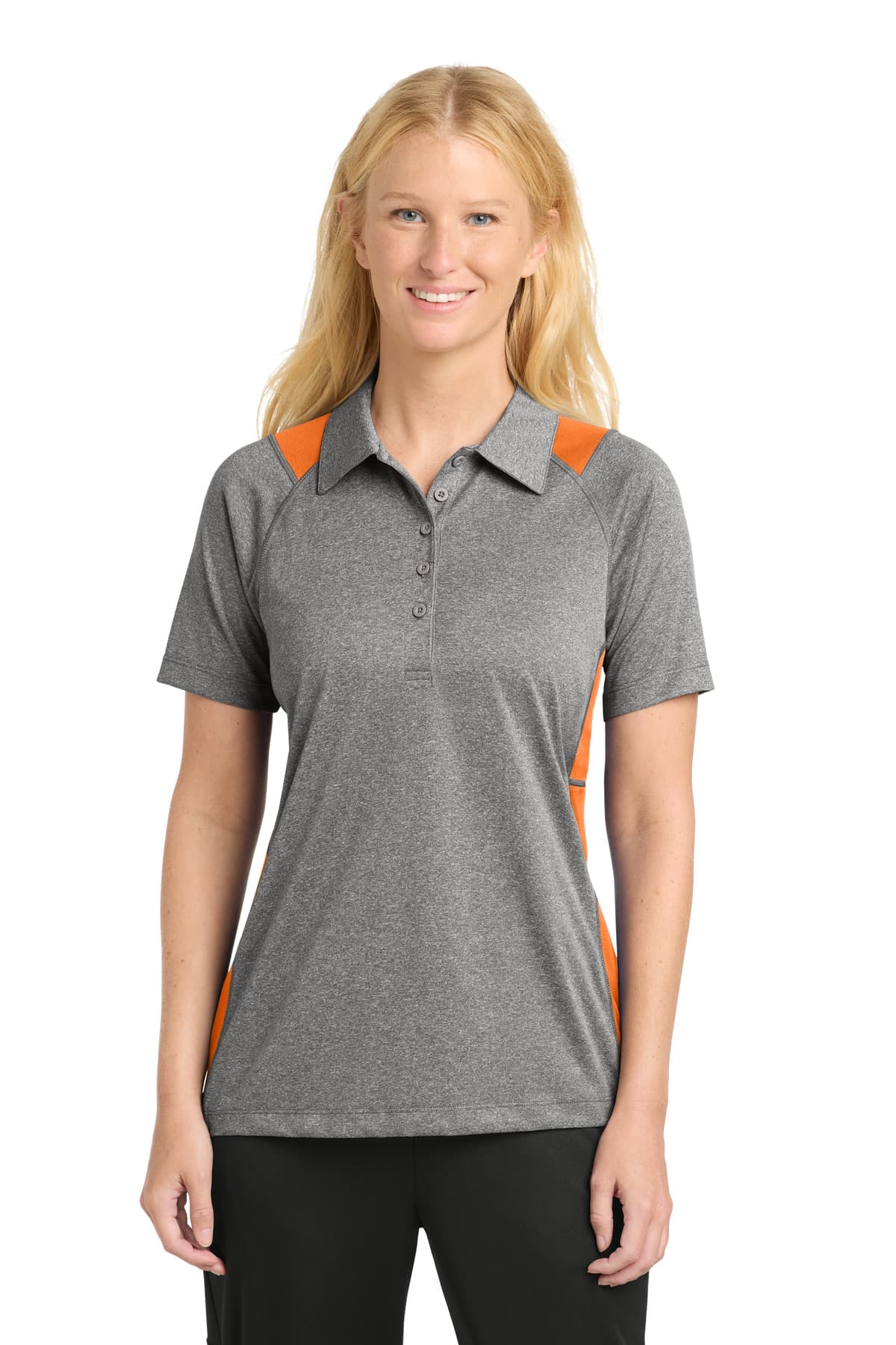 Sport-Tek ® Women's Heather Colorblock Contender  Polo — Vintage Heather/ Deep Orange