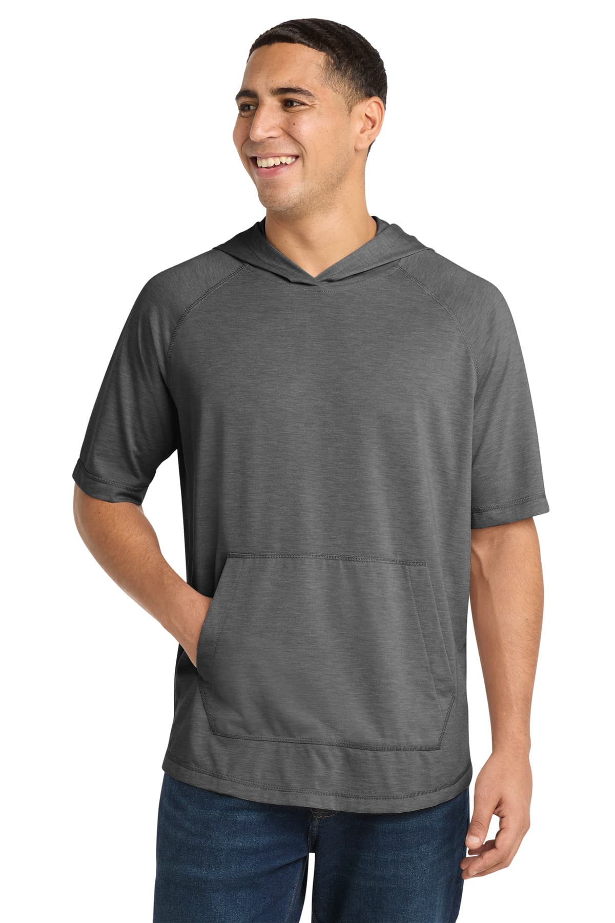 Sport-Tek ® PosiCharge ® Tri-Blend Wicking Short Sleeve Hoodie — Dark Grey Heather