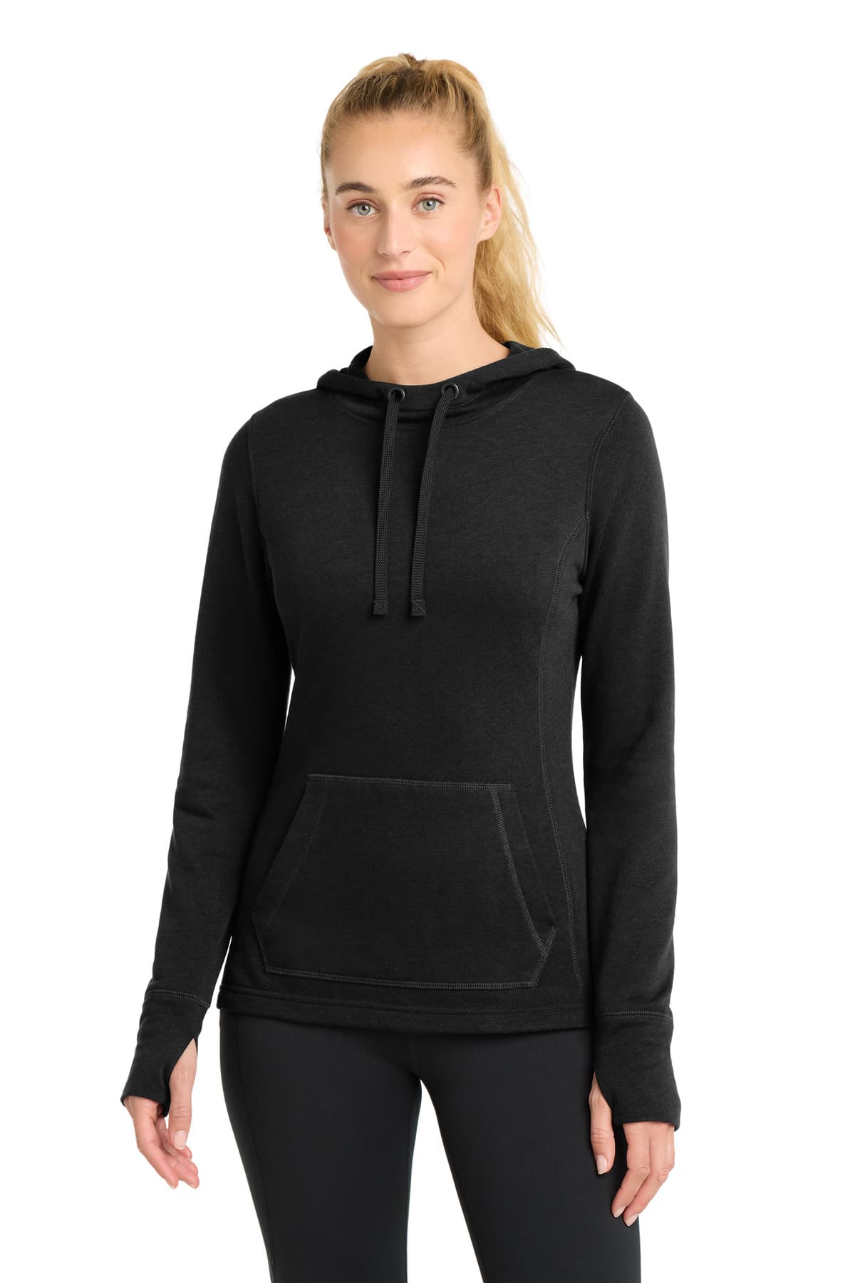 Sport-Tek ® Women's PosiCharge ® Tri-Blend Wicking Fleece Hooded Pullover — Black Triad Solid