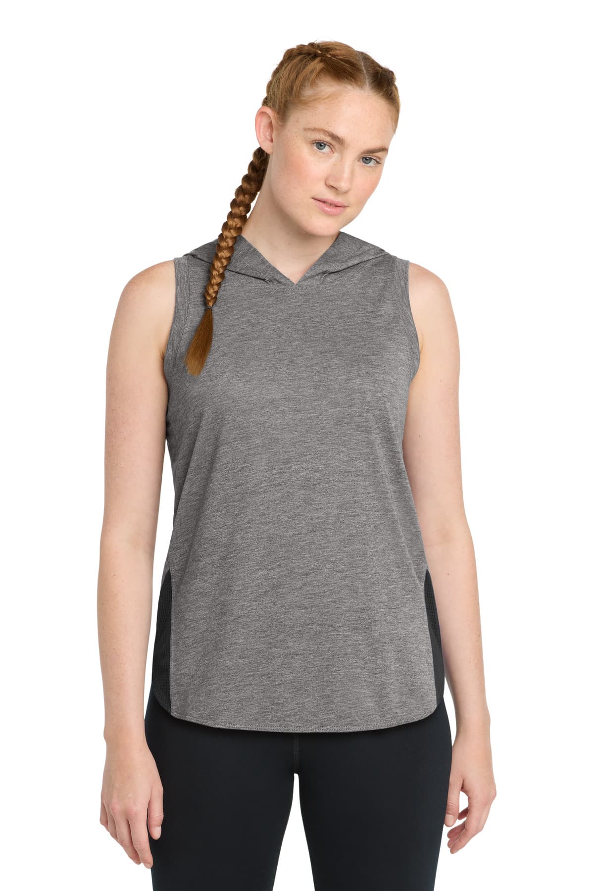 Sport-Tek ® Women's PosiCharge ® Tri-Blend Wicking Draft Hoodie Tank — Black/ Dark Grey Heather