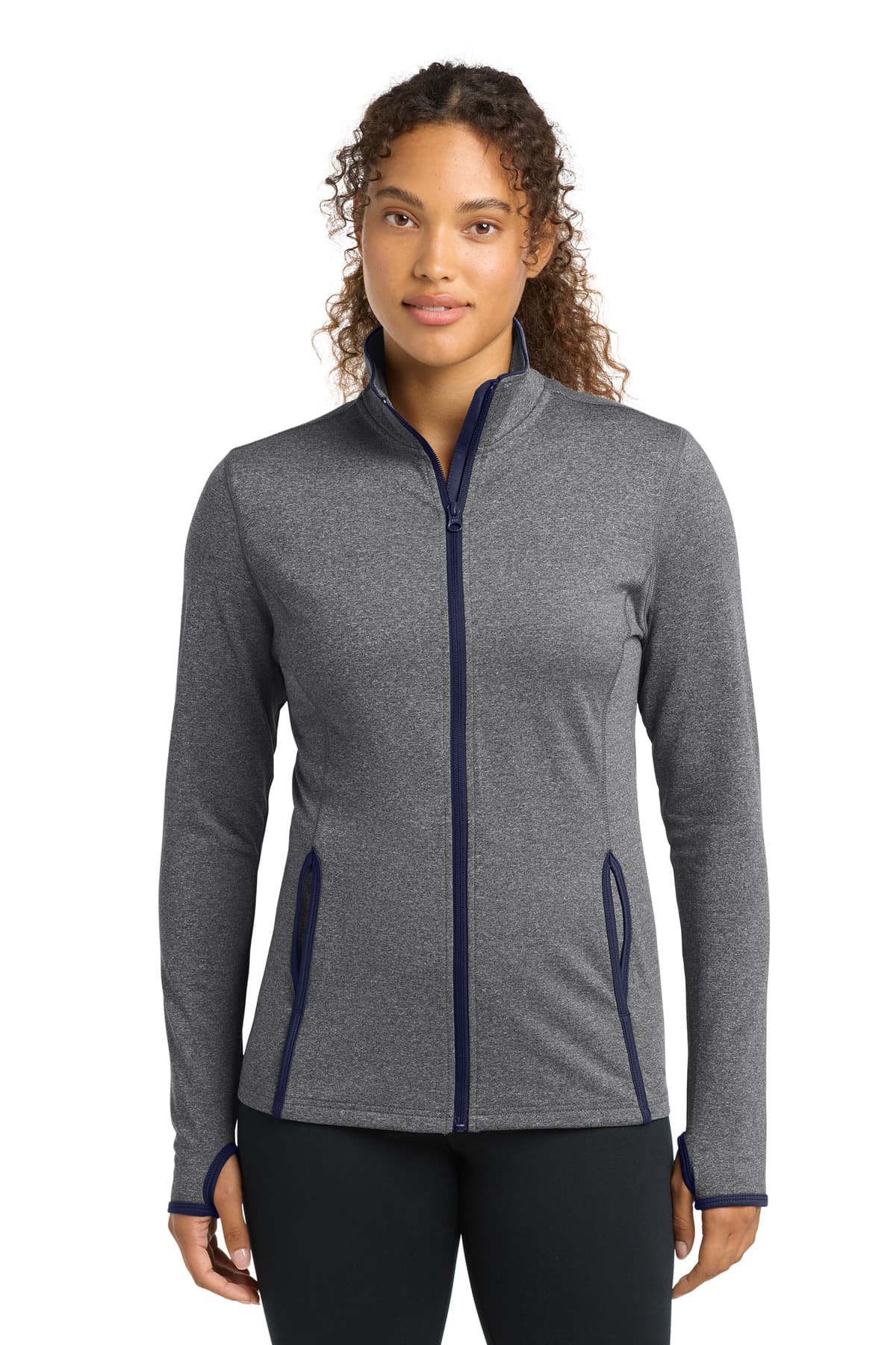 Sport-Tek ® Women's Sport-Wick ® Stretch Contrast Full-Zip Jacket — Charcoal Grey Heather/ True Navy