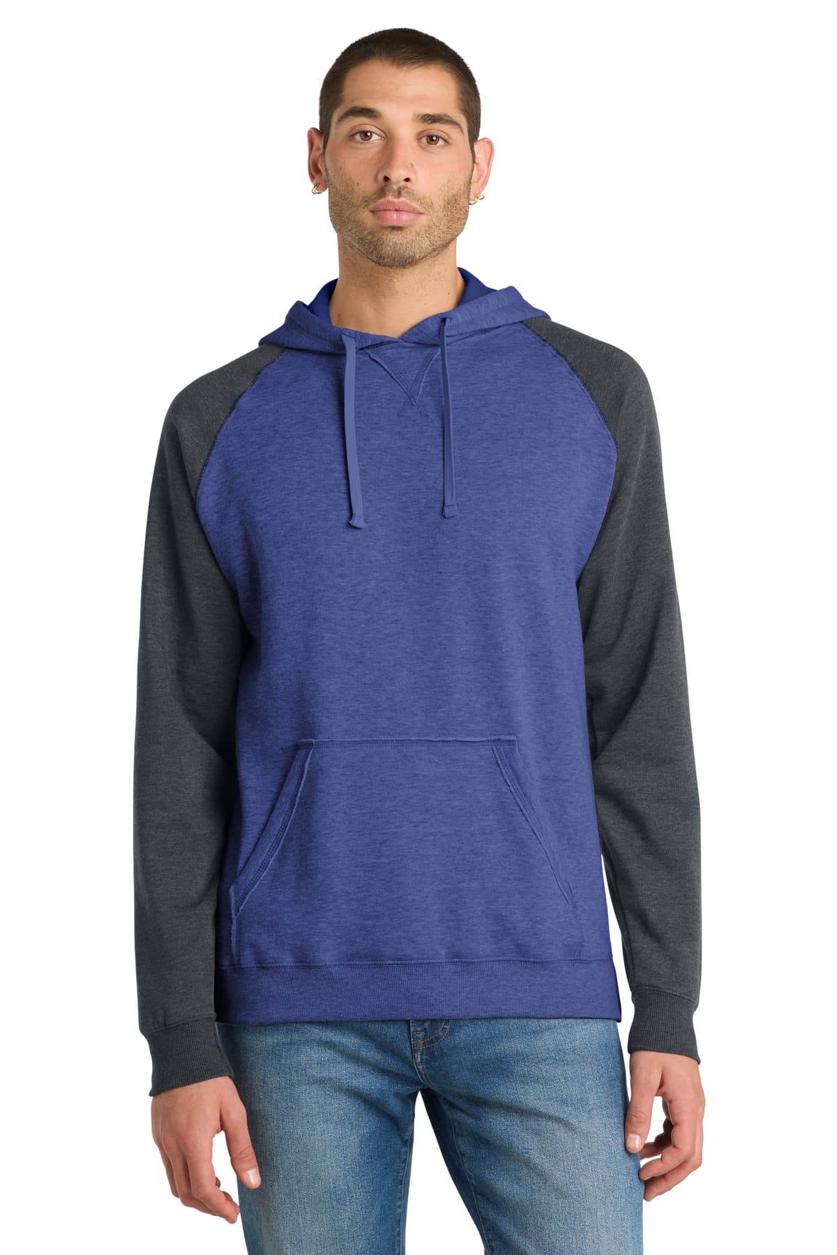 District ® Young Mens Lightweight Fleece Raglan Hoodie — Heathered Deep Royal/ Heathered Charcoal