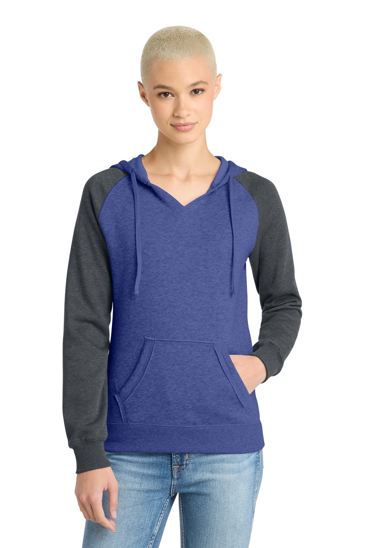 District ® Women's Lightweight Fleece Raglan Hoodie — Heathered Deep Royal/ Heathered Charcoal