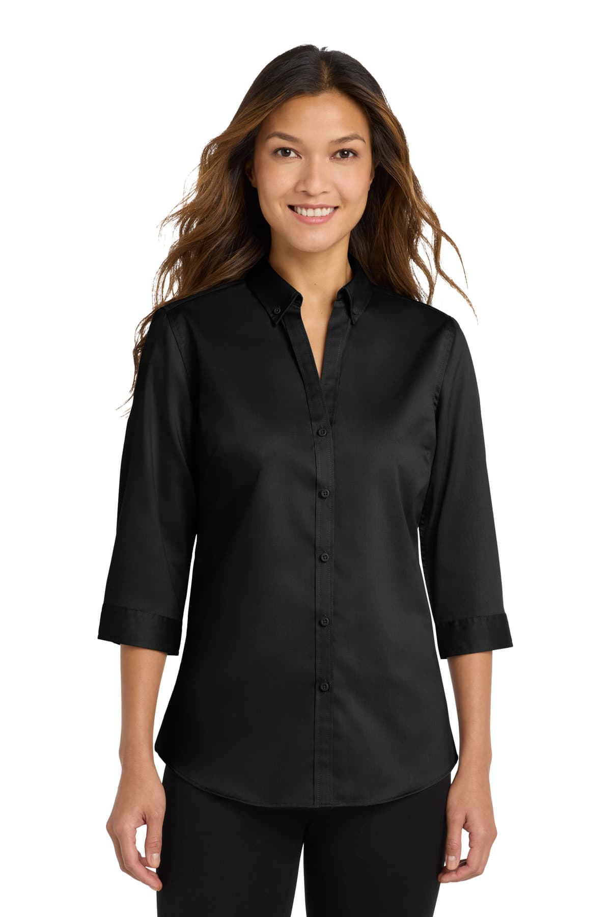 Port Authority ® Women's 3/4-Sleeve SuperPro  Twill Shirt — Black